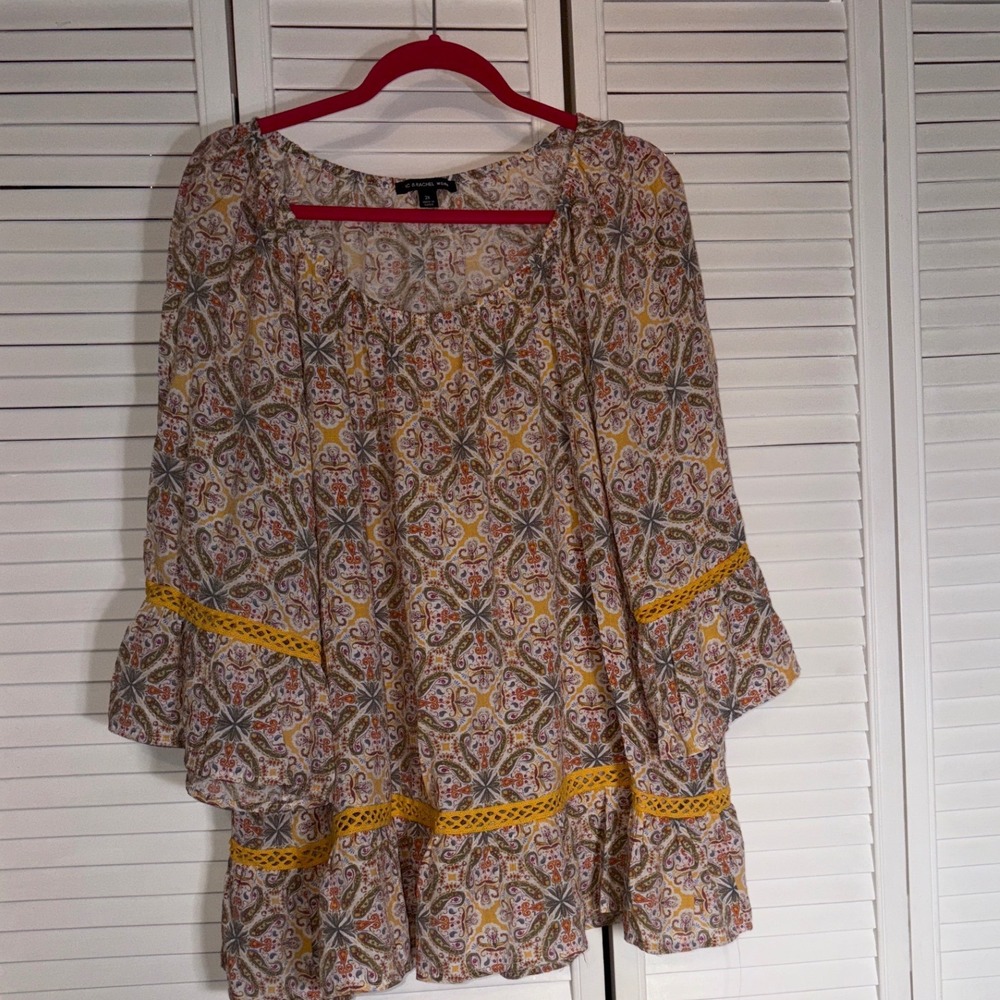 Zac & Rachel Woman 2X Paisley Tunic Top Crochet Trim Bell Sleeve Boho High Low